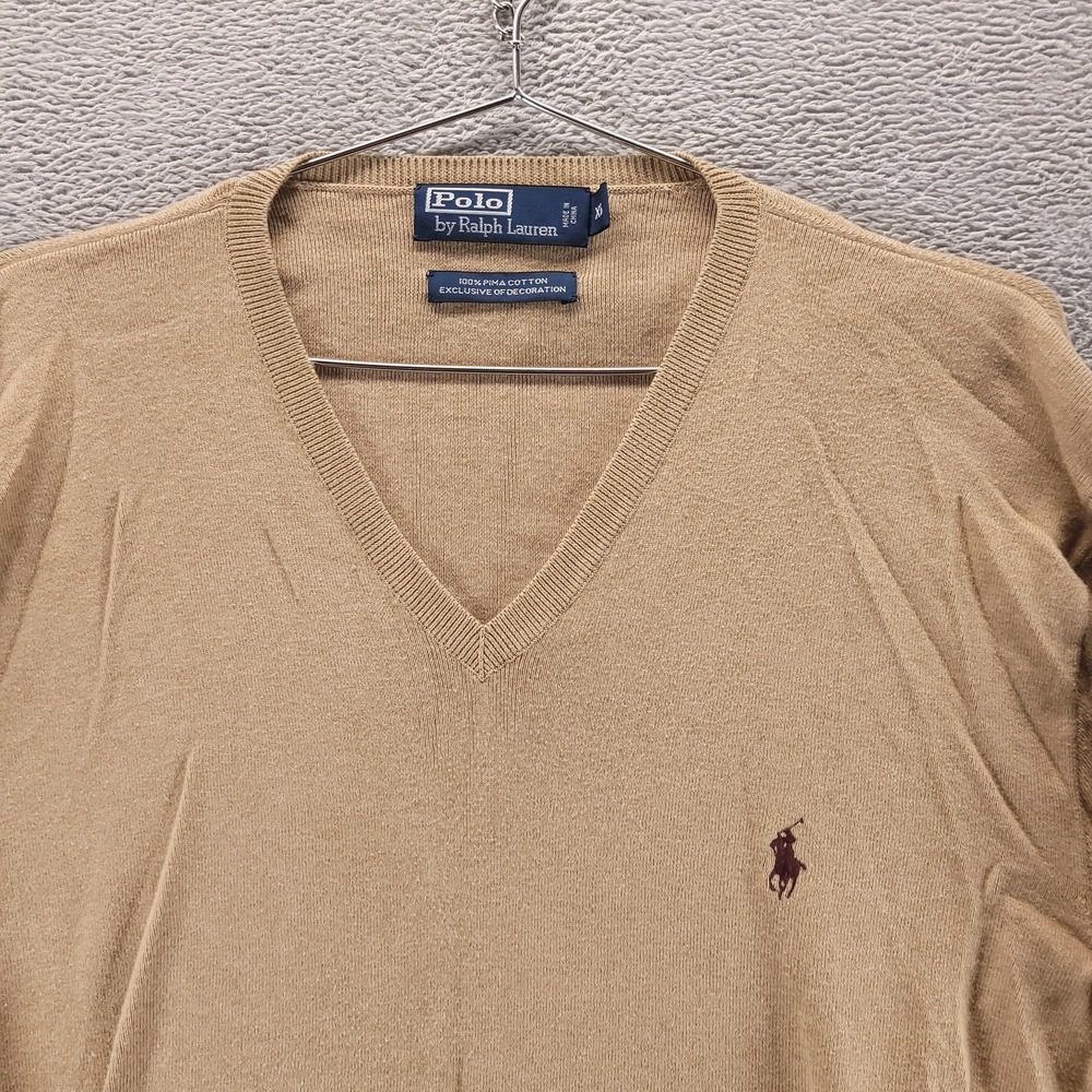 VTG Polo Ralph Lauren Sweater Mens XL Beige V Neck Pima Cotton Pullover Pony
